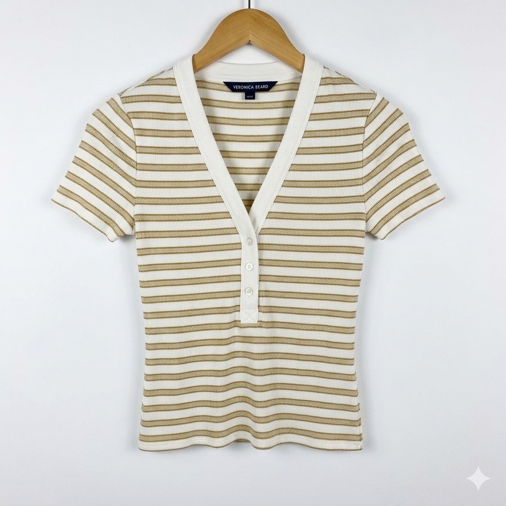 Veronica‎ Beard Metallic Gold Striped Ribbed Henley Top V-Neck Small XS